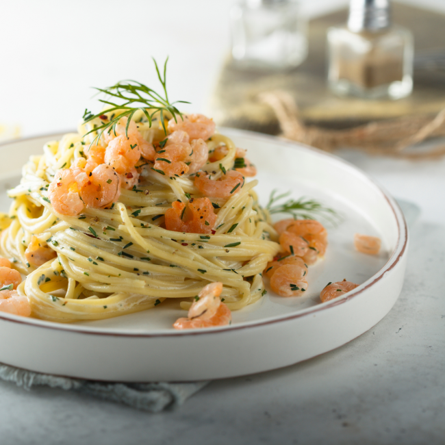 Tagliolini con Besciamella al Prosecco e Gamberi