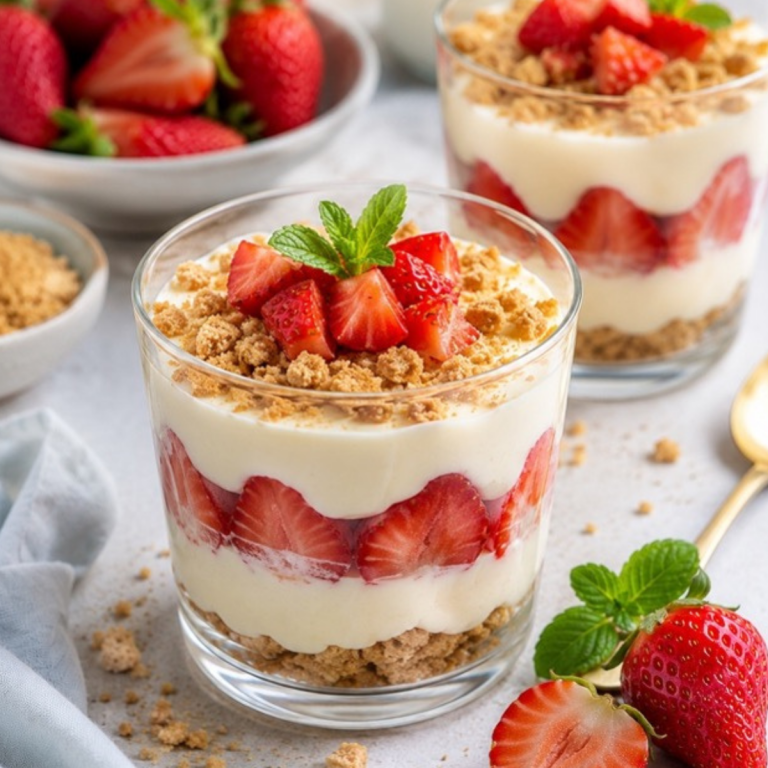 Coupe crémeuse au lait, fraises fraîches et crumble croustillant
