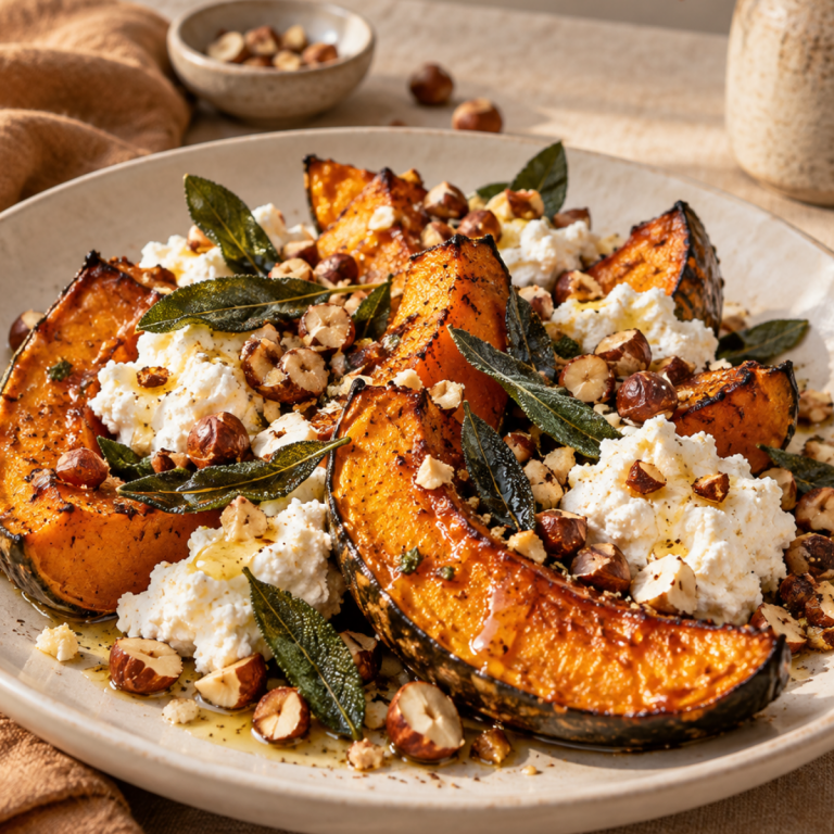 Zucca arrosto con ricotta, salvia e nocciole